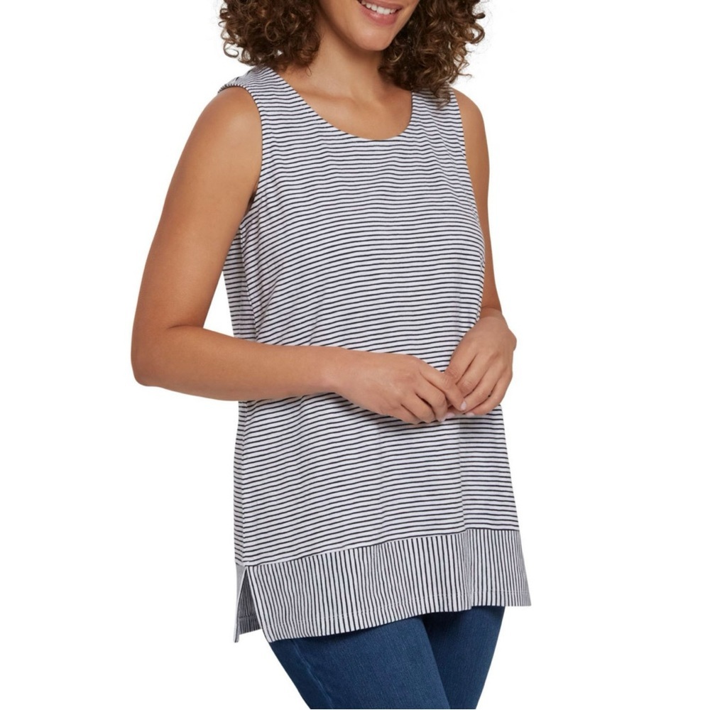 Land’s End Split Hem 100% Cotton Black & White Stripe Sleeveless Soft Tunic Tank